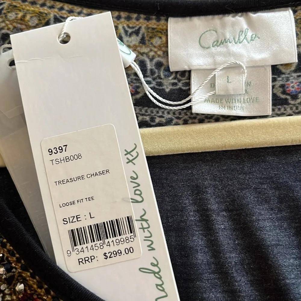 Camilla model top loose fit tee with jeweled embellishments at neckline - Picture 3 of 4